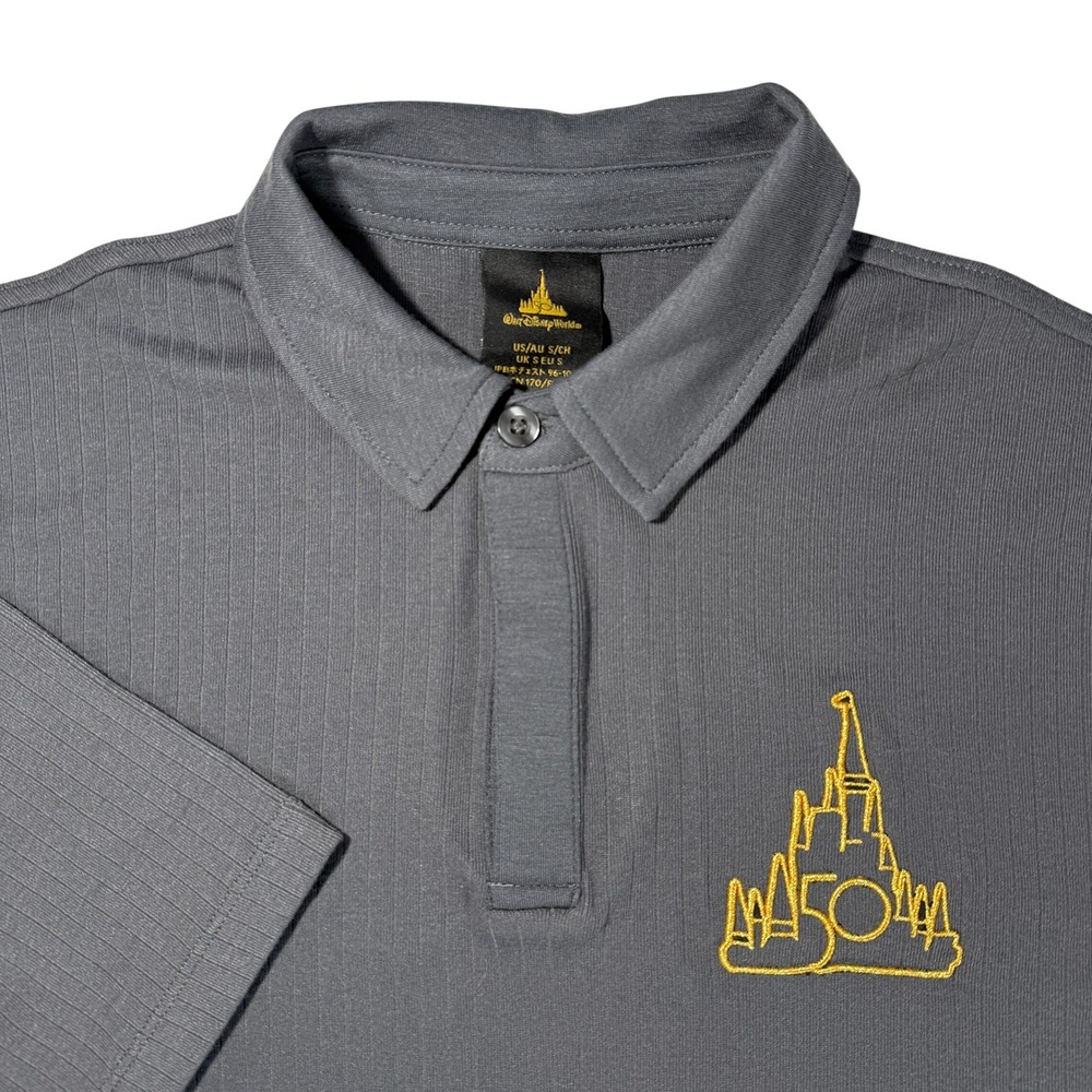 Disney World 50th Anniversary Polo Shirt Gray Mens Ribbed Castle Logo Size Small